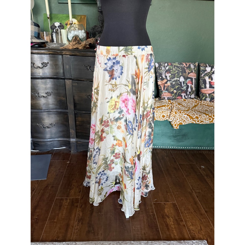 Chartou Floral‎ Bird Print Chiffon Maxi Skirt Cream Boho Cottagecore fairy L